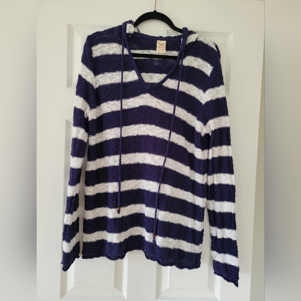 Womens Size XL Striped Blue and White Hooded Lightweight Sweater